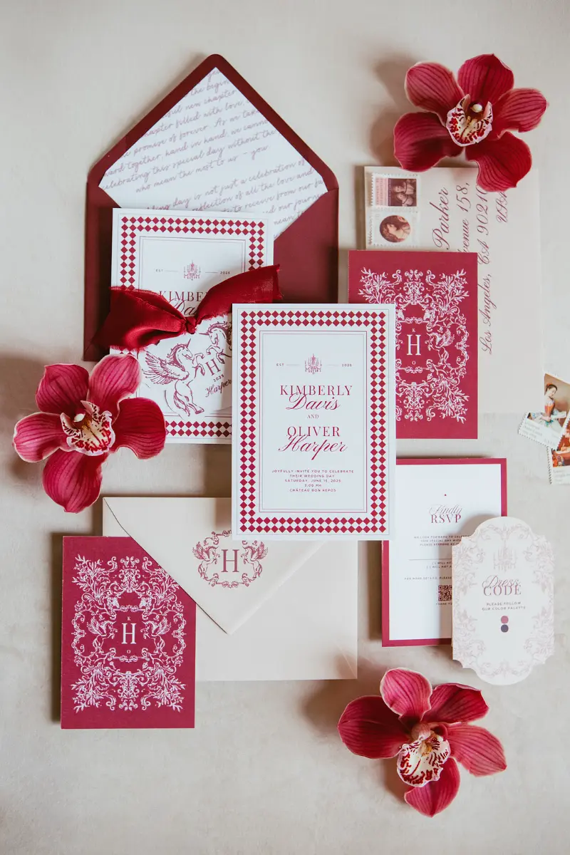 Old Money Drama at Chateau Bon Repos_Gwendoleena_gwendoleena-bon-repos-2025-002_low red and white wedding invitations